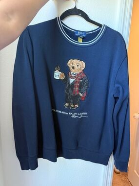 Ralph Lauren Navy Polo Bear Crewneck Sweater with Tartan Accent